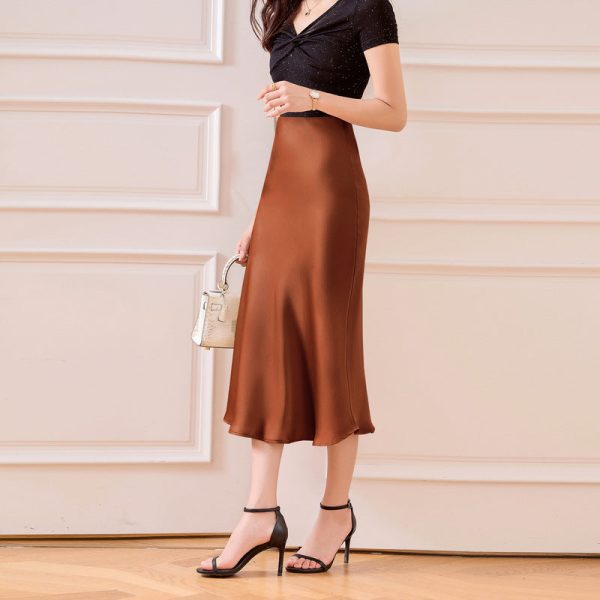 Silk High Waist Midi Skirt Silky Fishtail Hem Half Skirt